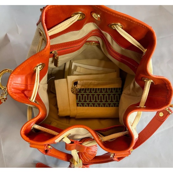 Tory Burch Leather Canvas Bucket HandBag Drawstring Tote Orange Beige Gold - Picture 6 of 13